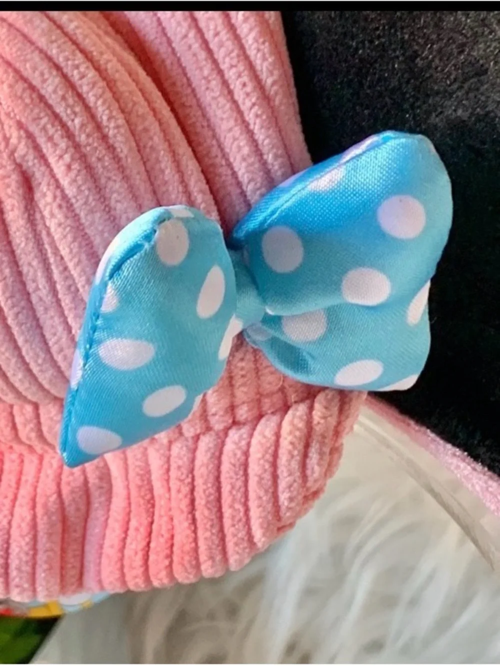 Disney Minnie Mouse Ears Headband Pink Hat Blue Bow Fluffy Plush